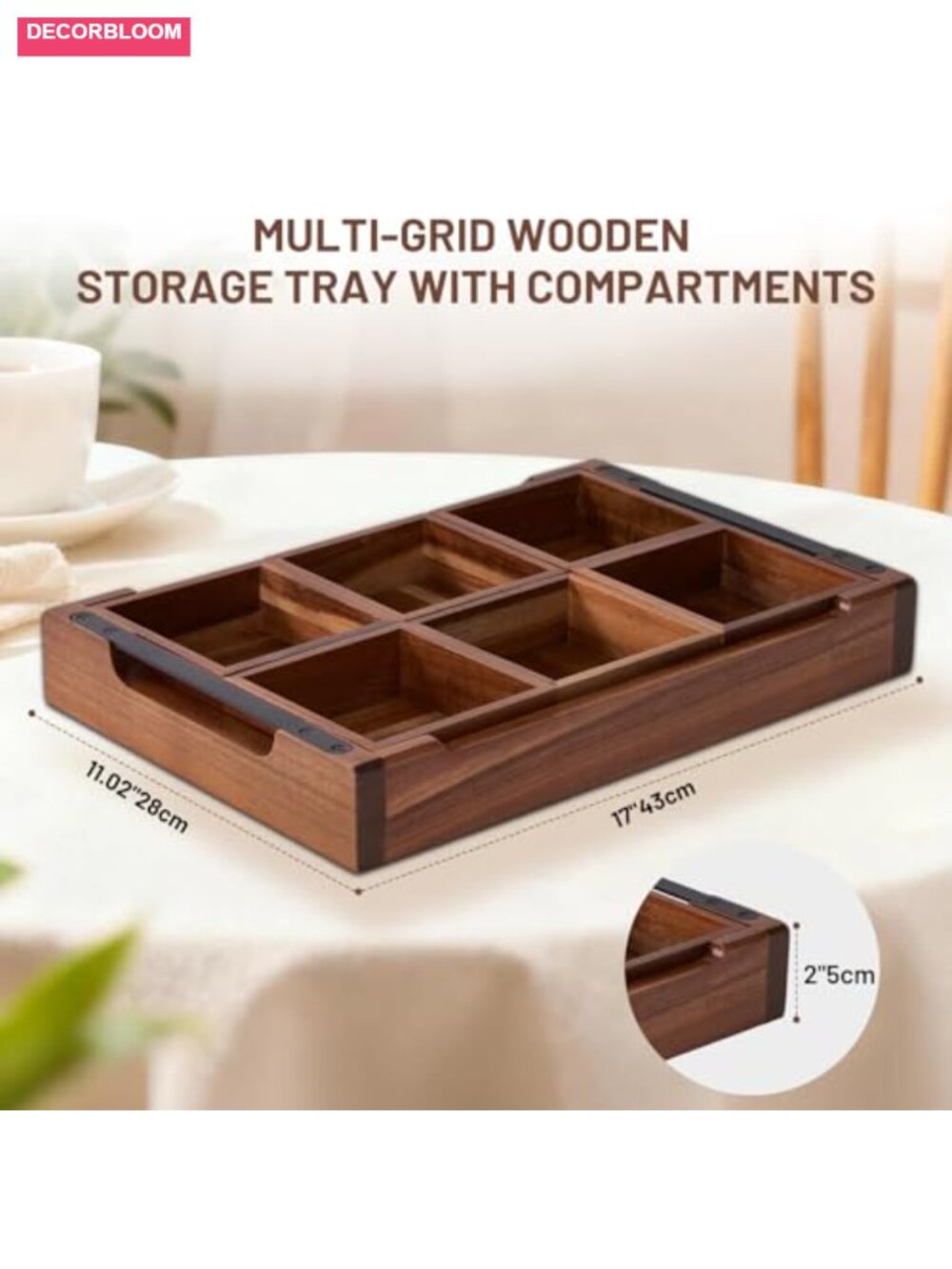 Acacia Wood Divided Serving Tray with Handles Large Platter - Picture 2 of 6